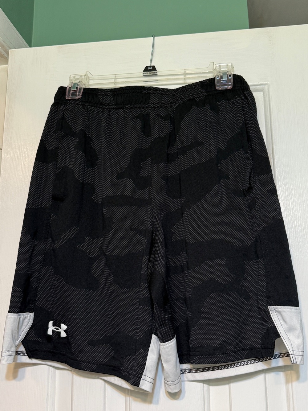Under Armour Men’s Black Camo Athletic Shorts with White Accents
